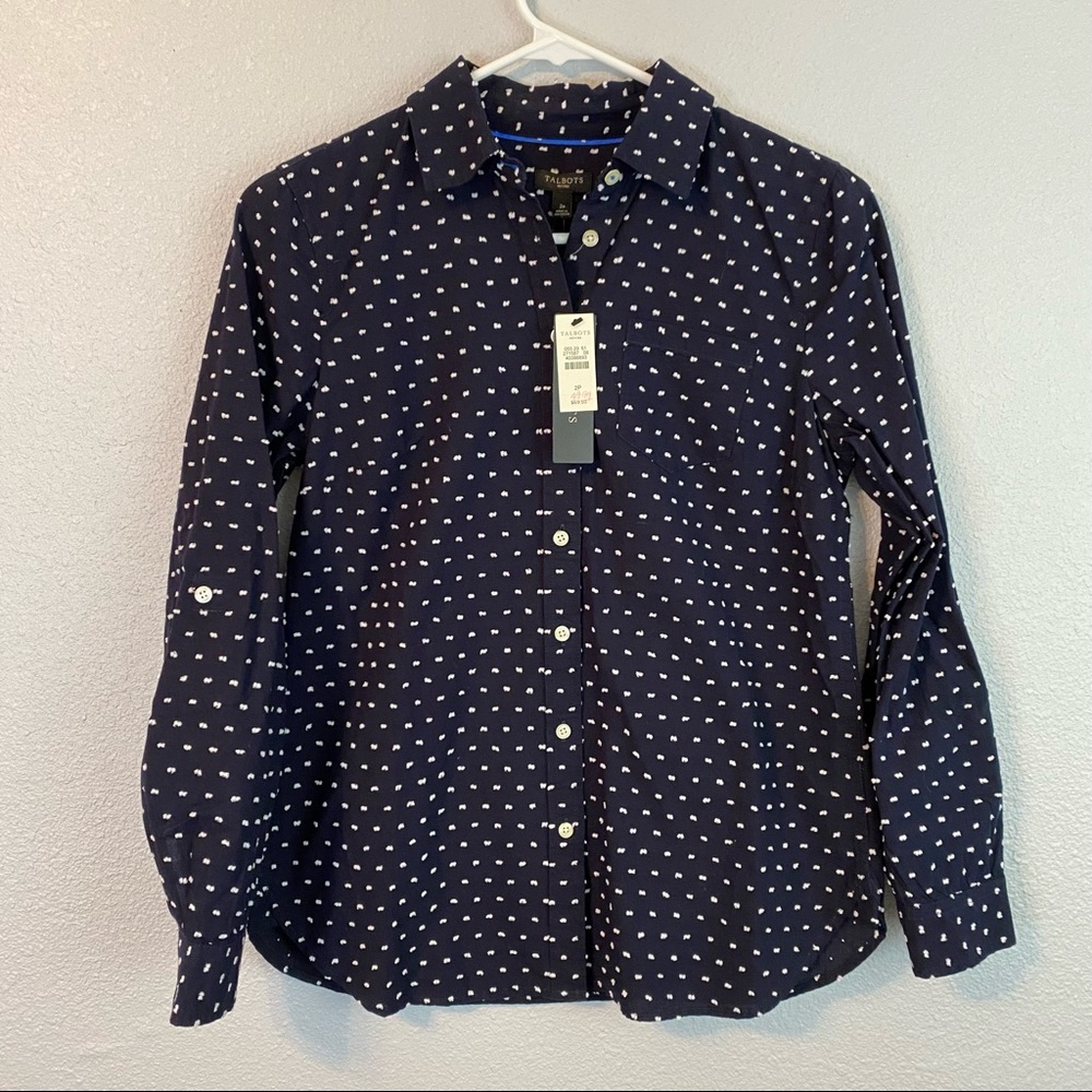 Talbots Navy Knobby Texture Polka Dot Button up